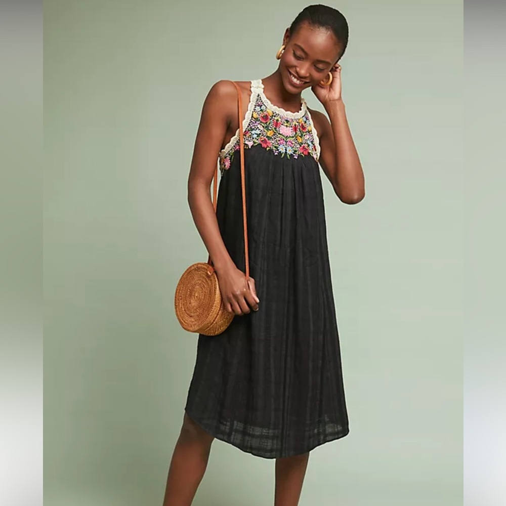 Anthropologie Akemi + Kin Mosley Embroidered Dress Size XS BLACK | Multi